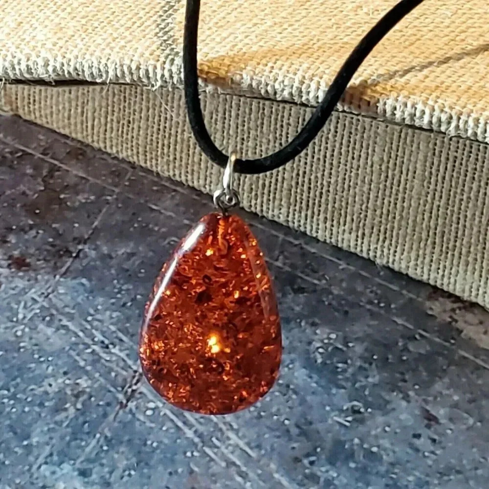 Orange Red Faux Baltic Amber Chunky Puffed Teardrop Pendant Necklace